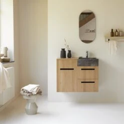 Line - Meuble Salle De Bain En ChĂȘne Massif Et Marbre 85 Cm