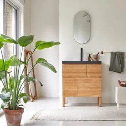 Easy - Meuble Salle De Bain En Chêne Massif Et Pierre De Lave 80 Cm