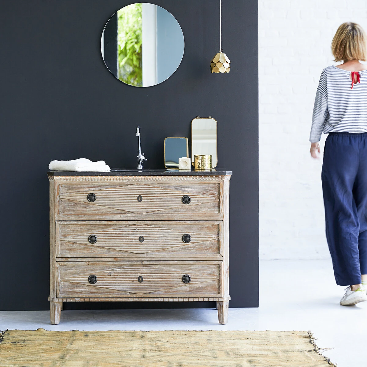 Emily - Meuble Salle De Bain En Pin Massif Et Pierre 100 Cm