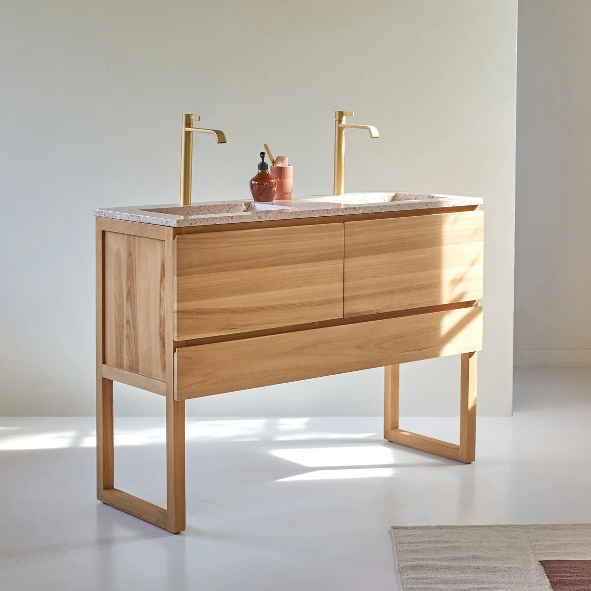 Edgar - Meuble Salle De Bain En Teck Massif Et Terrazzo Premium Pink 120 Cm – Image 5